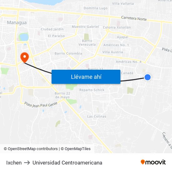 Ixchen to Universidad Centroamericana map