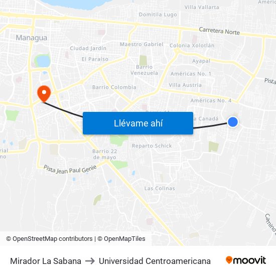 Mirador La Sabana to Universidad Centroamericana map