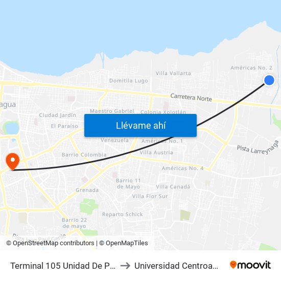 Terminal 105 Unidad De Proposito to Universidad Centroamericana map