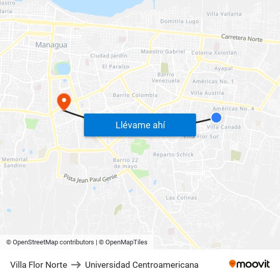 Villa Flor Norte to Universidad Centroamericana map