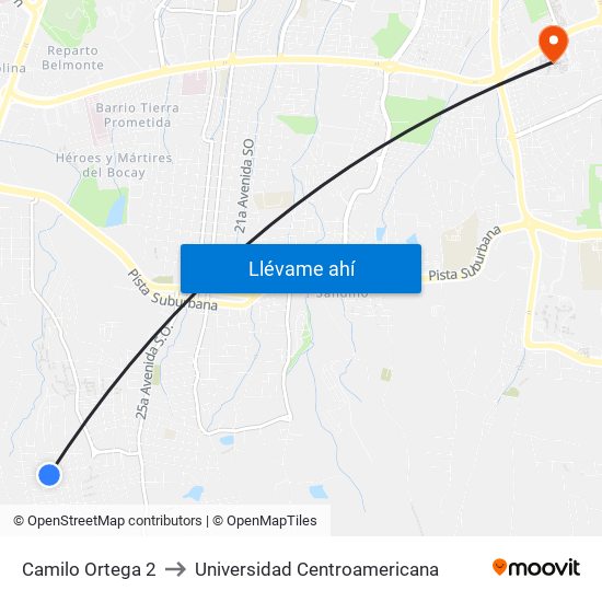 Camilo Ortega 2 to Universidad Centroamericana map