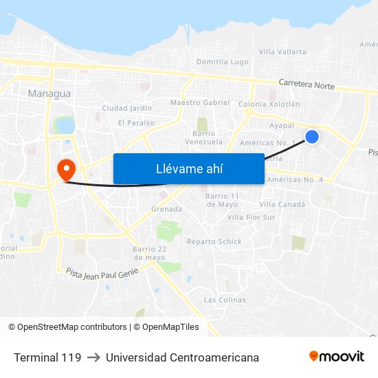 Terminal 119 to Universidad Centroamericana map