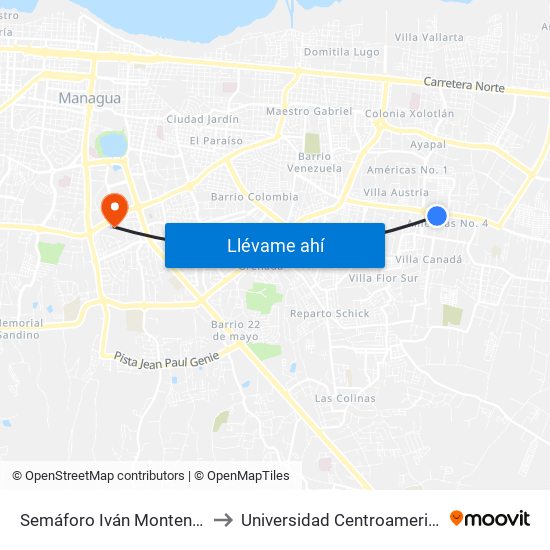 Semáforo Iván Montenegro to Universidad Centroamericana map