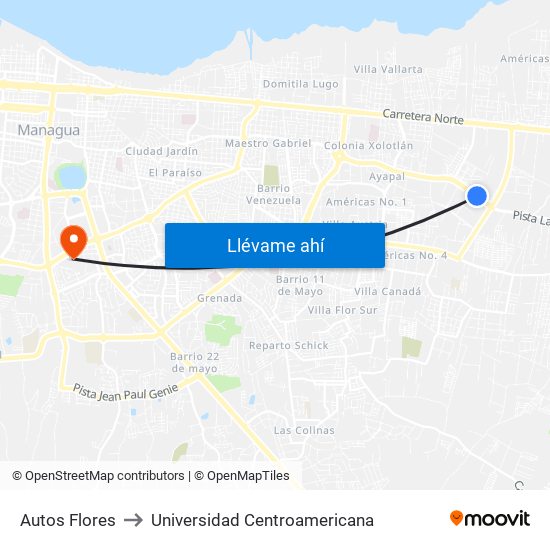 Autos Flores to Universidad Centroamericana map