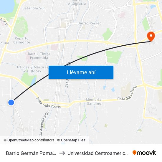 Barrio Germán Pomares to Universidad Centroamericana map