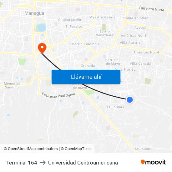 Terminal 164 to Universidad Centroamericana map