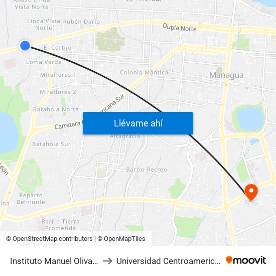 Instituto Manuel Olivares to Universidad Centroamericana map