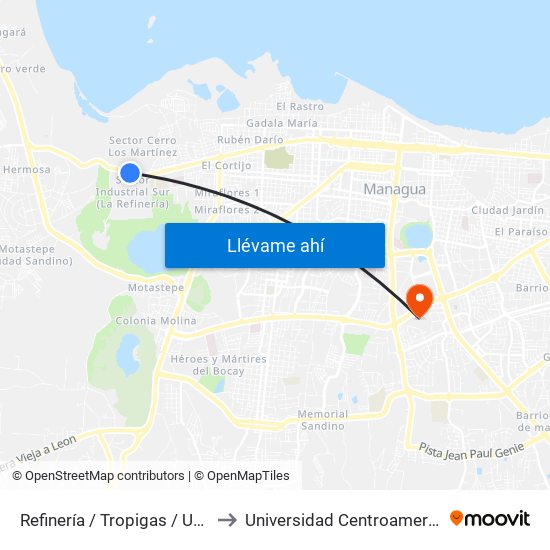 Refinería / Tropigas / Unimar to Universidad Centroamericana map