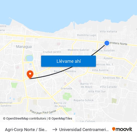 Agri-Corp Norte / Siemens to Universidad Centroamericana map