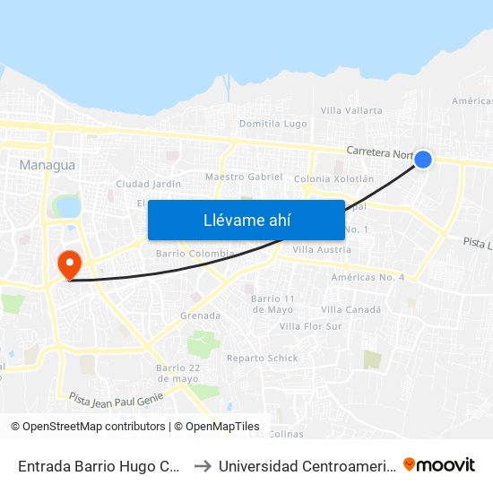 Entrada Barrio Hugo Chávez to Universidad Centroamericana map