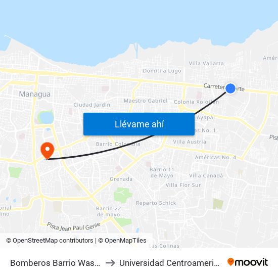 Bomberos Barrio Waspán to Universidad Centroamericana map