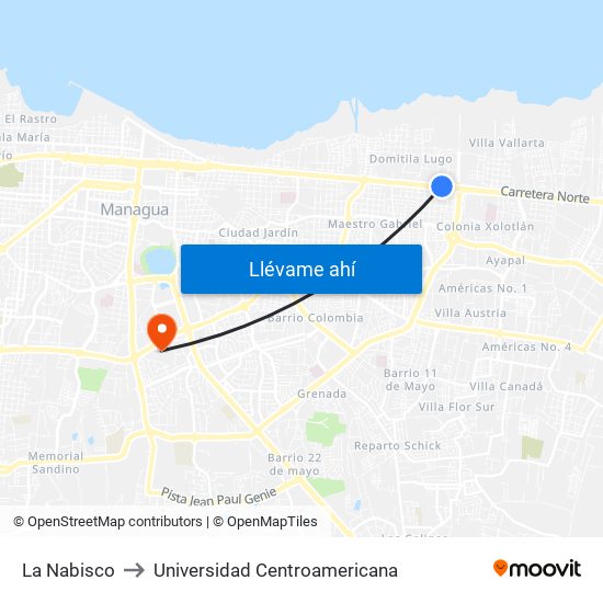 La Nabisco to Universidad Centroamericana map