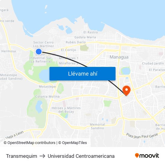 Transmequim to Universidad Centroamericana map