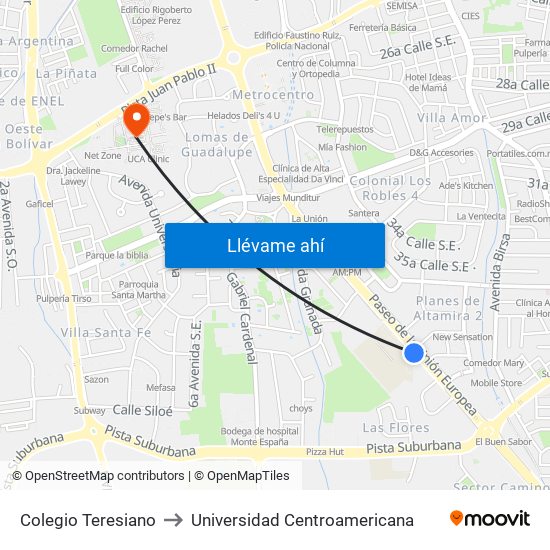 Colegio Teresiano to Universidad Centroamericana map