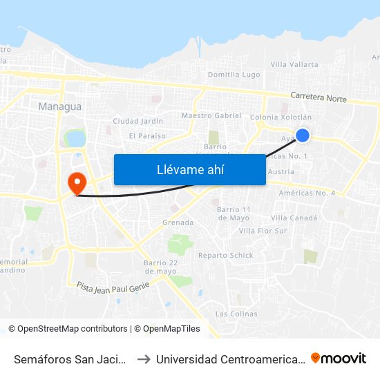 Semáforos San Jacinto to Universidad Centroamericana map