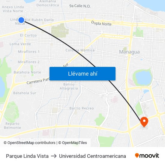 Parque Linda Vista to Universidad Centroamericana map