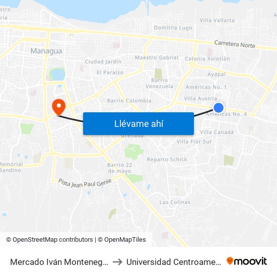 Mercado Iván Montenegro Sur to Universidad Centroamericana map