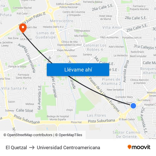 El Quetzal to Universidad Centroamericana map