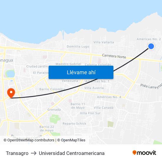 Transagro to Universidad Centroamericana map