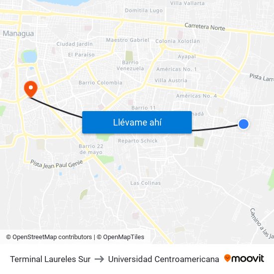 Terminal Laureles Sur to Universidad Centroamericana map
