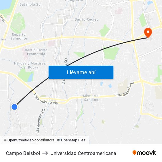 Campo Beisbol to Universidad Centroamericana map