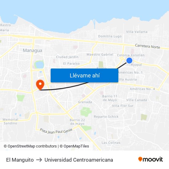 El Manguito to Universidad Centroamericana map