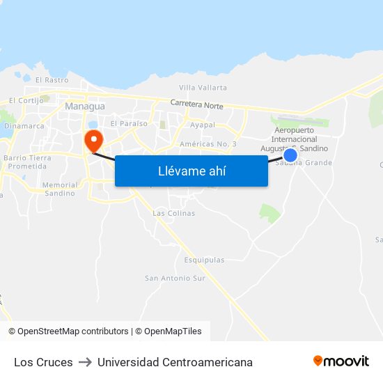 Los Cruces to Universidad Centroamericana map