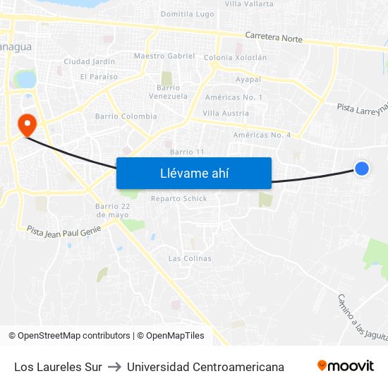 Los Laureles Sur to Universidad Centroamericana map