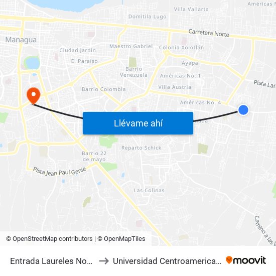 Entrada Laureles Norte to Universidad Centroamericana map