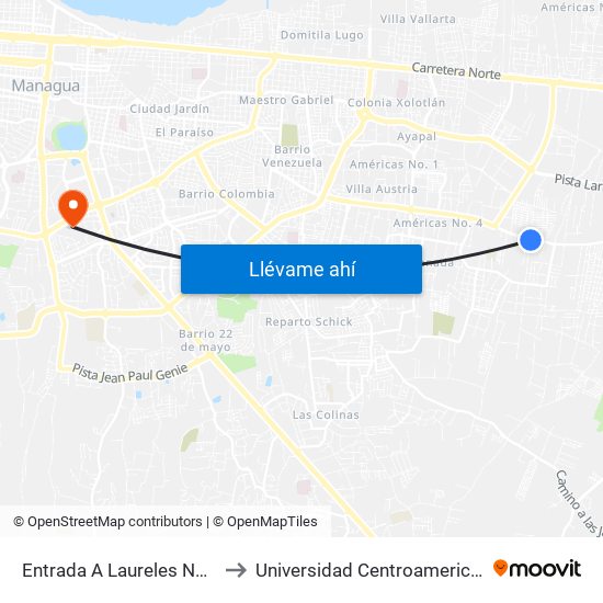 Entrada A Laureles Norte to Universidad Centroamericana map