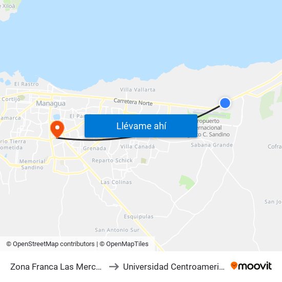 Zona Franca Las Mercedes to Universidad Centroamericana map