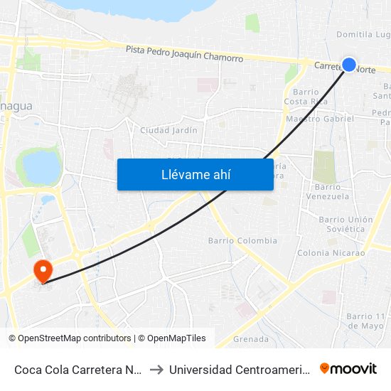 Coca Cola Carretera Norte to Universidad Centroamericana map