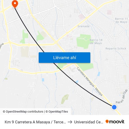 Km 9 Carretera A Masaya / Tercera Entrada A Santo Domingo to Universidad Centroamericana map