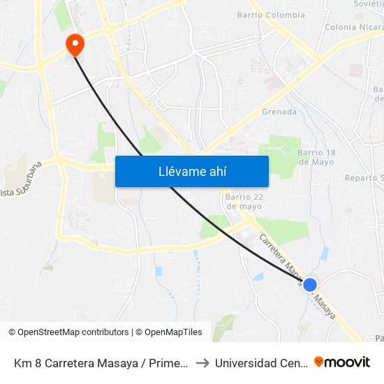 Km 8 Carretera Masaya / Primera Entrada A Las Colinas to Universidad Centroamericana map