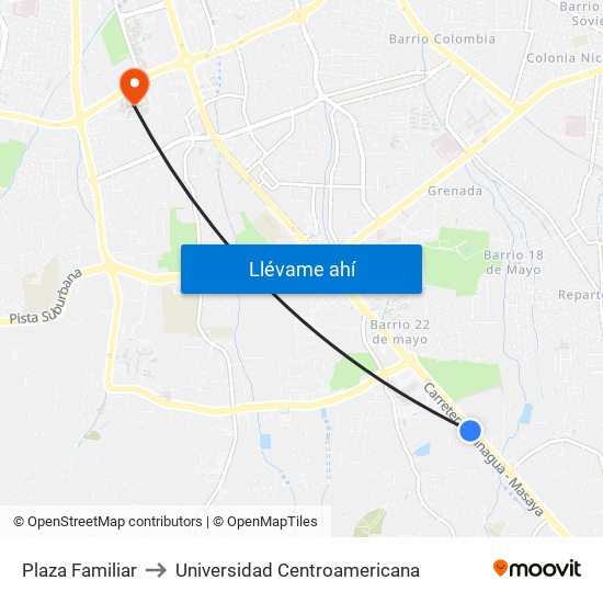 Plaza Familiar to Universidad Centroamericana map