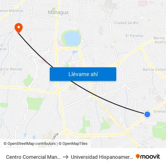 Centro Comercial Managua to Universidad Hispanoamericano map