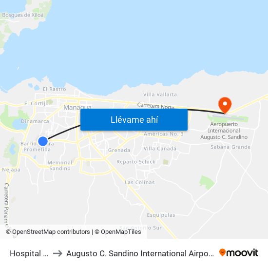 Hospital Bertha Calderón to Augusto C. Sandino International Airport (MGA) (Aeropuerto Internacional Augusto C. Sandino) map