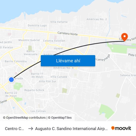 Centro Comercial Managua to Augusto C. Sandino International Airport (MGA) (Aeropuerto Internacional Augusto C. Sandino) map