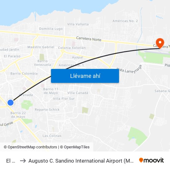 El Quetzal to Augusto C. Sandino International Airport (MGA) (Aeropuerto Internacional Augusto C. Sandino) map