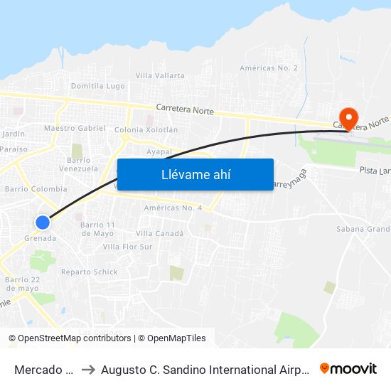 Mercado Humees Suroeste to Augusto C. Sandino International Airport (MGA) (Aeropuerto Internacional Augusto C. Sandino) map