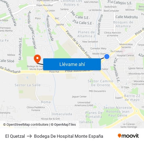 El Quetzal to Bodega De Hospital Monte España map