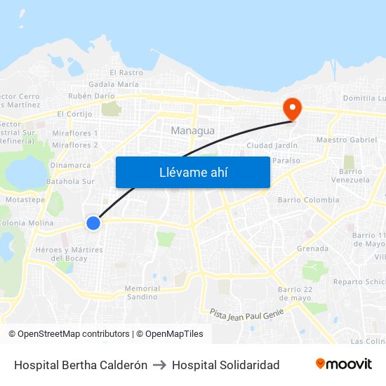 Hospital Bertha Calderón to Hospital Solidaridad map