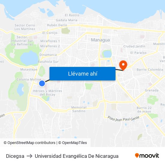 Dicegsa to Universidad Evangélica De Nicaragua map