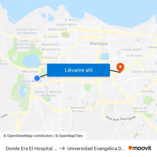 Donde Era El Hospital Velez Paiz to Universidad Evangélica De Nicaragua map