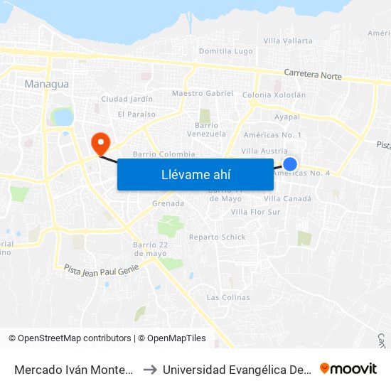 Mercado Iván Montenegro Sur to Universidad Evangélica De Nicaragua map