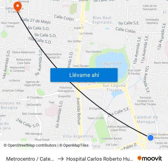 Metrocentro / Catedral De Managua to Hospital Carlos Roberto Huembes Filial El Carmen map