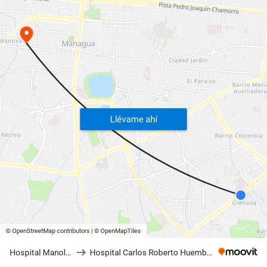 Hospital Manolo Morales to Hospital Carlos Roberto Huembes Filial El Carmen map