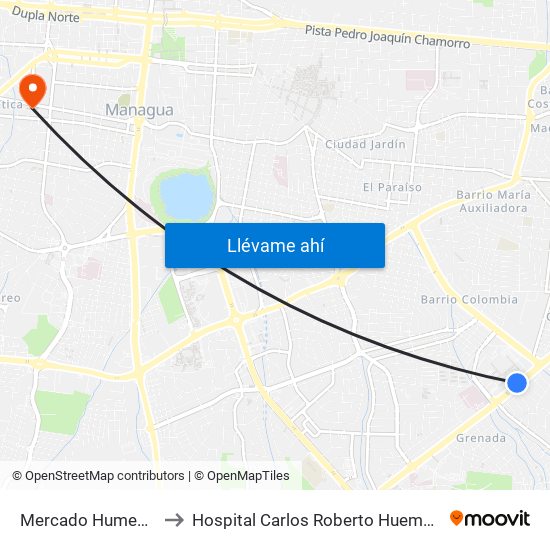 Mercado Humebes Sureste to Hospital Carlos Roberto Huembes Filial El Carmen map