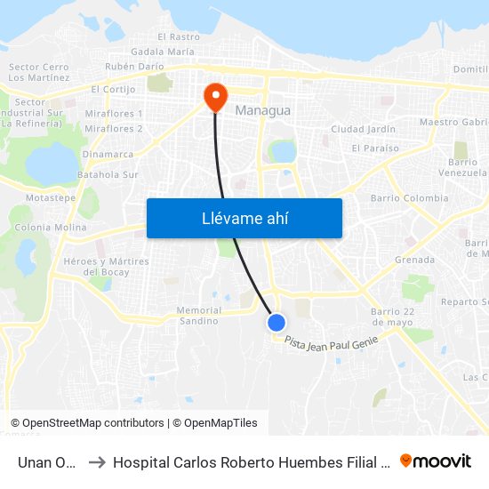 Unan Oeste to Hospital Carlos Roberto Huembes Filial El Carmen map