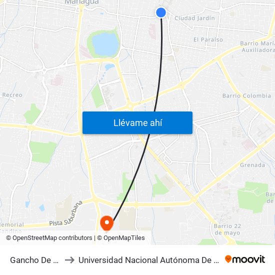 Gancho De Camino to Universidad Nacional Autónoma De Nicaragua (Unan) map